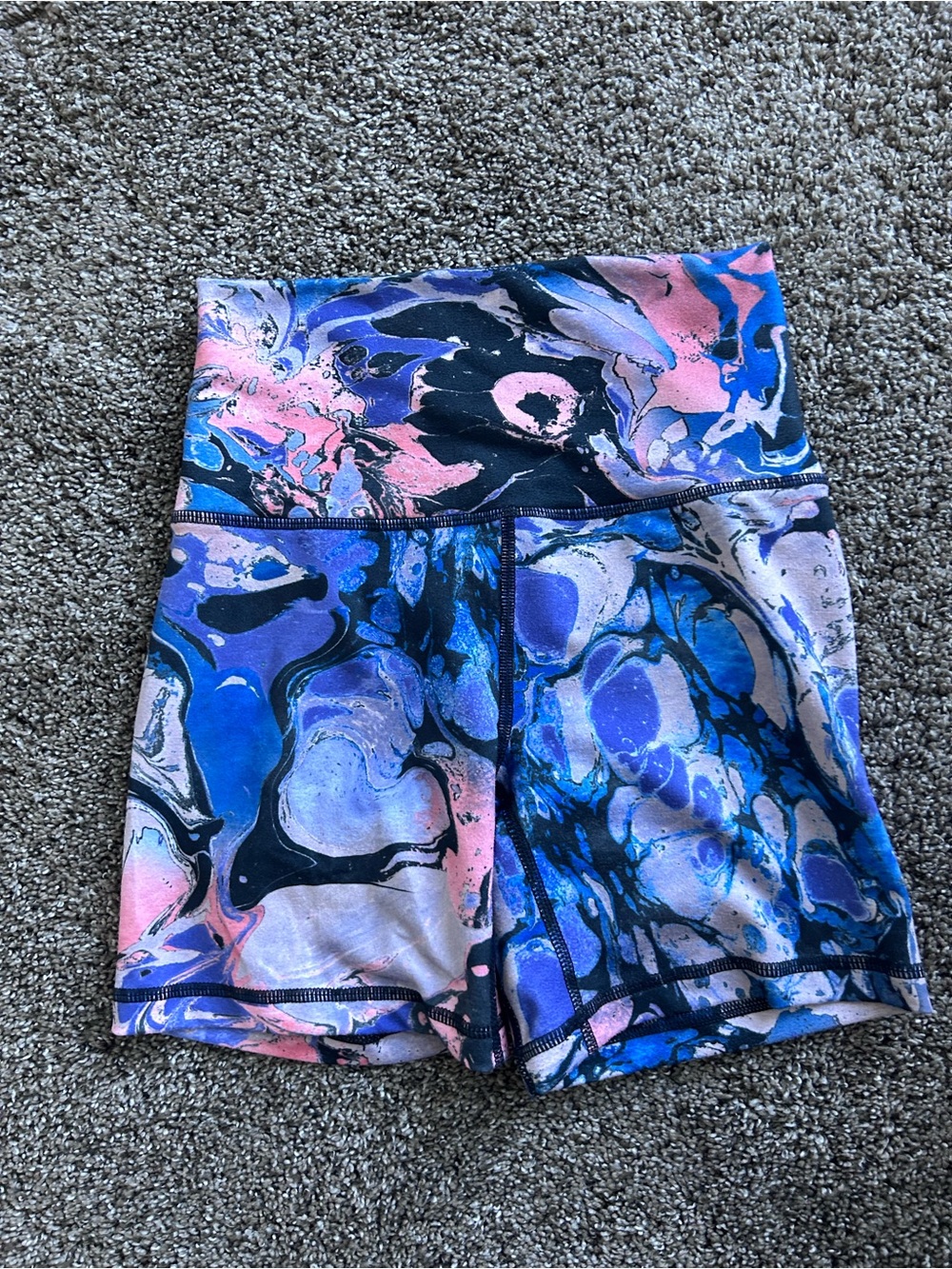 High-Waist Marble-Print Bike Shorts – Blue & Pink Size XXS